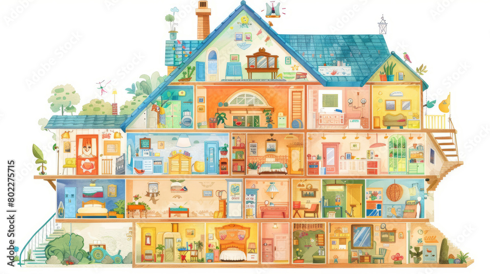 Colorful cross-section of a detailed house with multiple rooms Colorful cross-section of a detailed house with multiple rooms