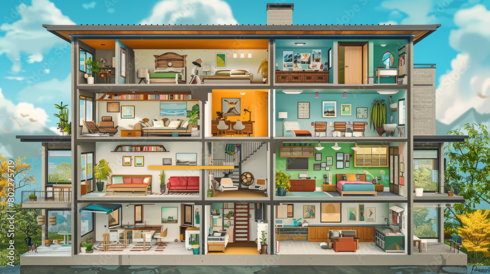 Detailed cross-section view of a modern house with multiple rooms