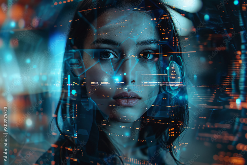 Futuristic portrait of a woman surrounded by digital information Futuristic portrait of a woman surrounded by digital information