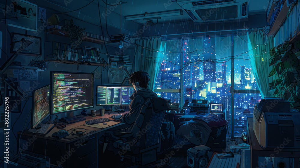 Programmer coding late at night in a bustling city view apartment