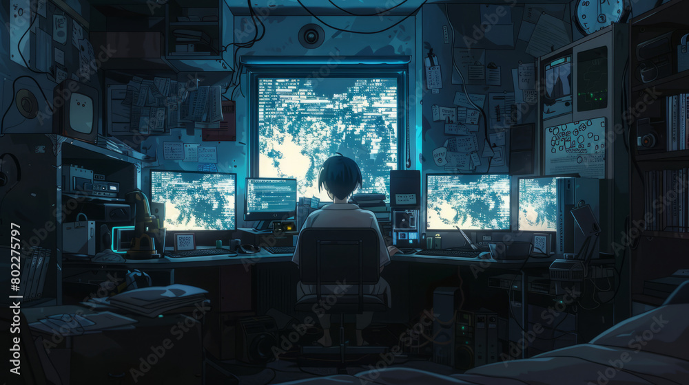 Programmer working late in a dark, cluttered tech workspace Programmer working late in a dark, cluttered tech workspace