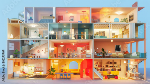 Colorful cross-section of a multi-story modern house © standret