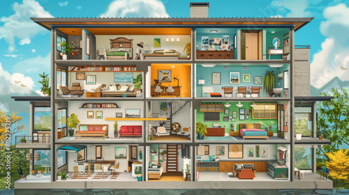 Detailed cross-section view of a modern house with multiple rooms