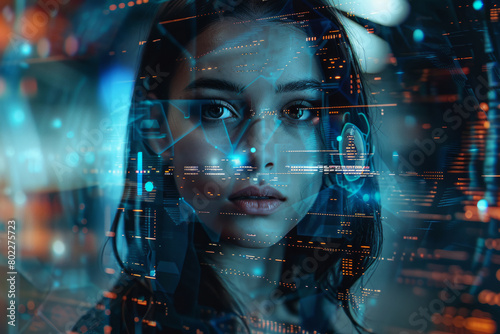 Futuristic portrait of a woman surrounded by digital information