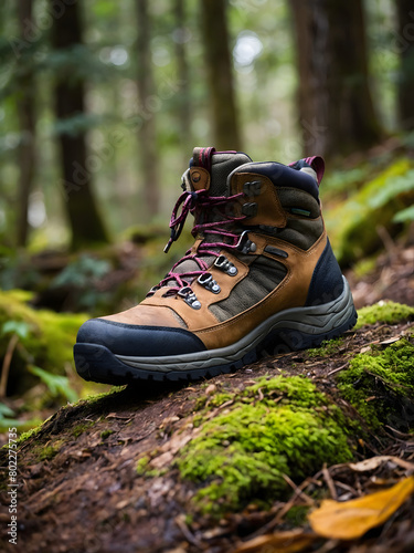 a scene of rugged hiking boots navigating vibrant mountain trails and woodland paths.