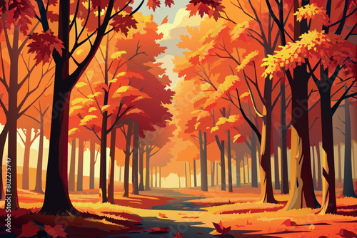 A painting of a forest with trees in autumn colors