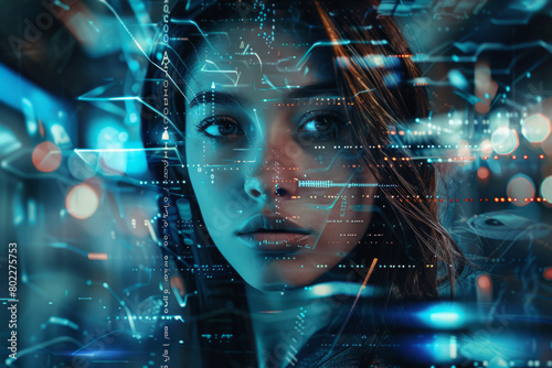 Futuristic portrait of a woman with advanced cyberware and glowing neon lights