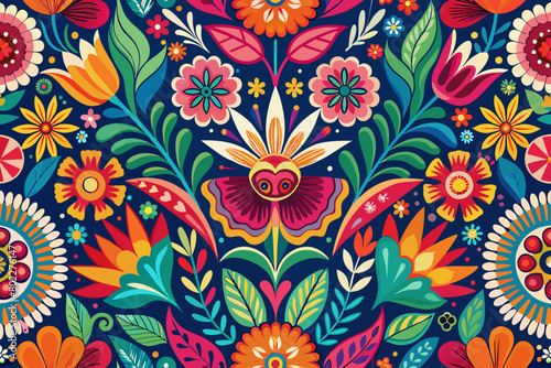  A seamless vector pattern featuring vibrant floral motifs with bold outlines, reminiscent of Mexican folk art, perfect for Cinco de Mayo decorations or fabric designs.