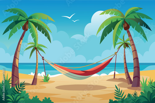 A beach scene with a red and white hammock hanging between two palm trees