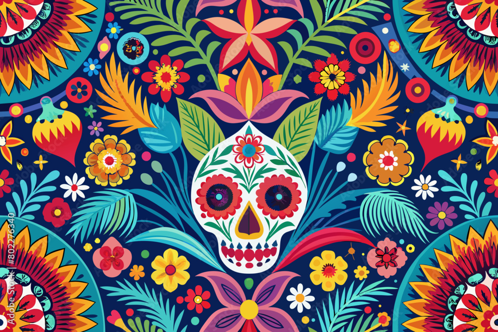 Un patrón vectorial sin costuras que presenta motivos florales vibrantes con contornos atrevidos, que recuerdan al arte popular mexicano, perfecto para decoraciones o diseños de telas del Cinco de May Un patrón vectorial sin costuras que presenta motivos florales vibrantes con contornos atrevidos, que recuerdan al arte popular mexicano, perfecto para decoraciones o diseños de telas del Cinco de May