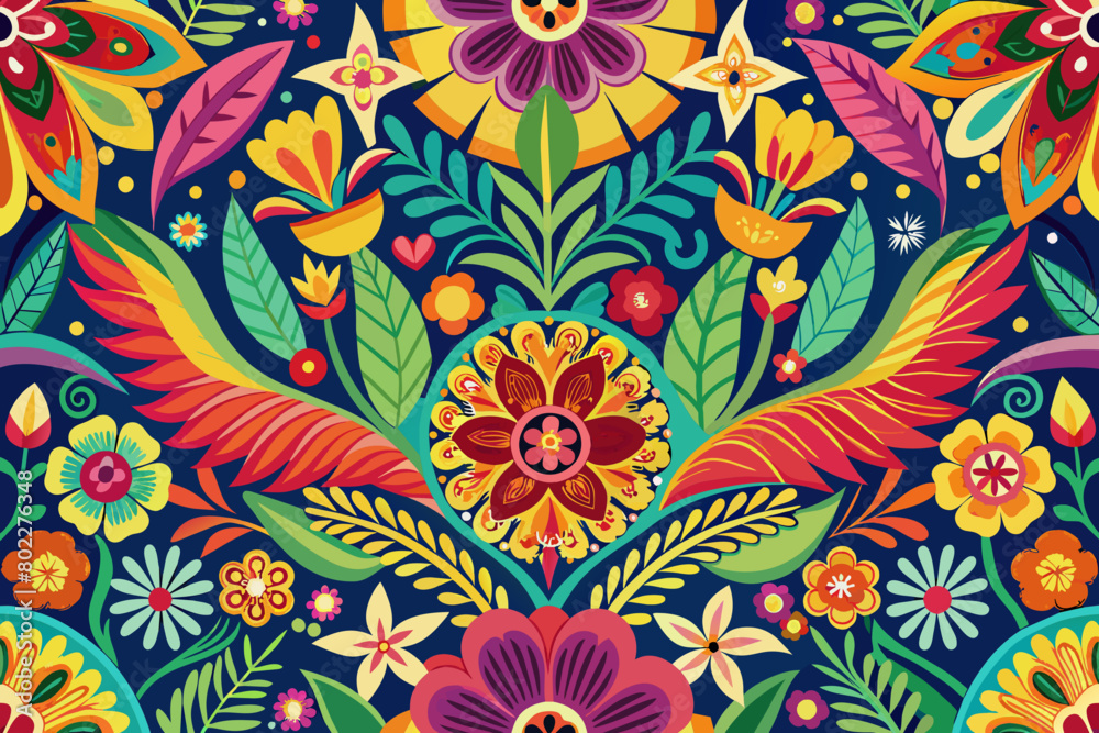 Un patrón vectorial sin costuras que presenta motivos florales vibrantes con contornos atrevidos, que recuerdan al arte popular mexicano, perfecto para decoraciones o diseños de telas del Cinco de May Un patrón vectorial sin costuras que presenta motivos florales vibrantes con contornos atrevidos, que recuerdan al arte popular mexicano, perfecto para decoraciones o diseños de telas del Cinco de May