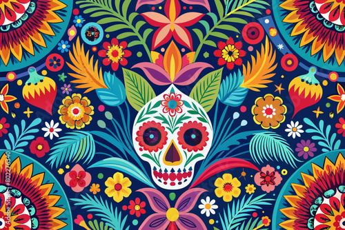 Un patrón vectorial sin costuras que presenta motivos florales vibrantes con contornos atrevidos, que recuerdan al arte popular mexicano, perfecto para decoraciones o diseños de telas del Cinco de May
