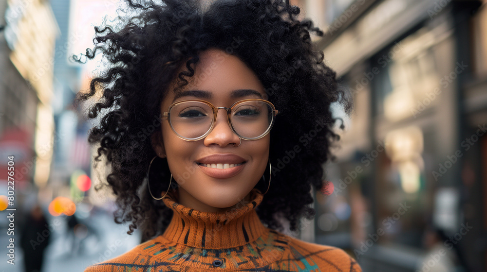 A portrait of an attractive African American woman with curly hair, wearing glasses and smiling warmly while standing on the street in front of buildings.