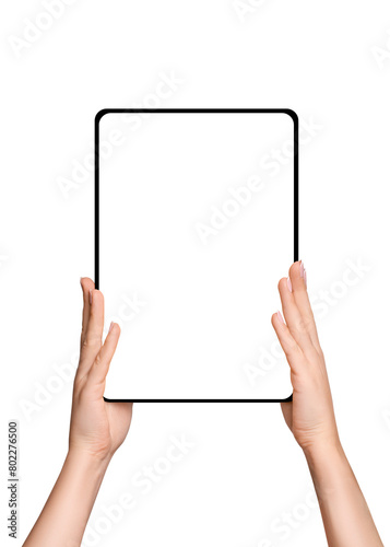 Female hands holding tablet with blank screen on empty background