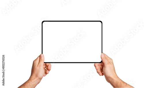 Male hands holding tablet with blank screen on empty background