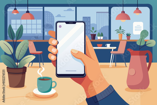 Hand Holding Smartphone with background of office interior