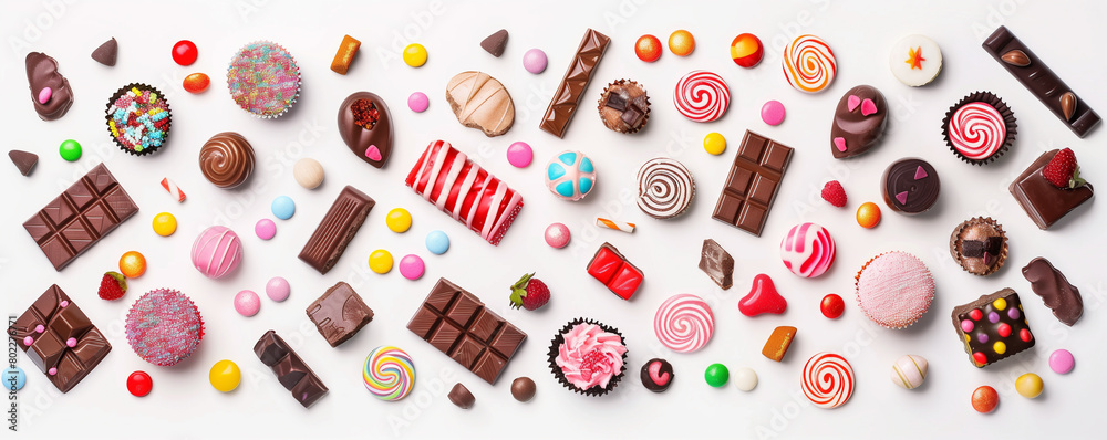 flat lay display of assorted candies, chocolates, and sweets arranged in a candy buffet on a white background. flat lay display of assorted candies, chocolates, and sweets arranged in a candy buffet on a white background.