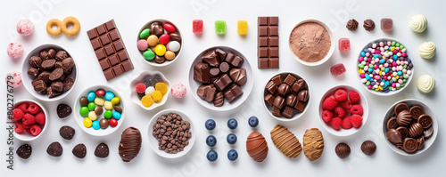 flat lay display of assorted candies, chocolates, and sweets arranged in a candy buffet on a white background.
