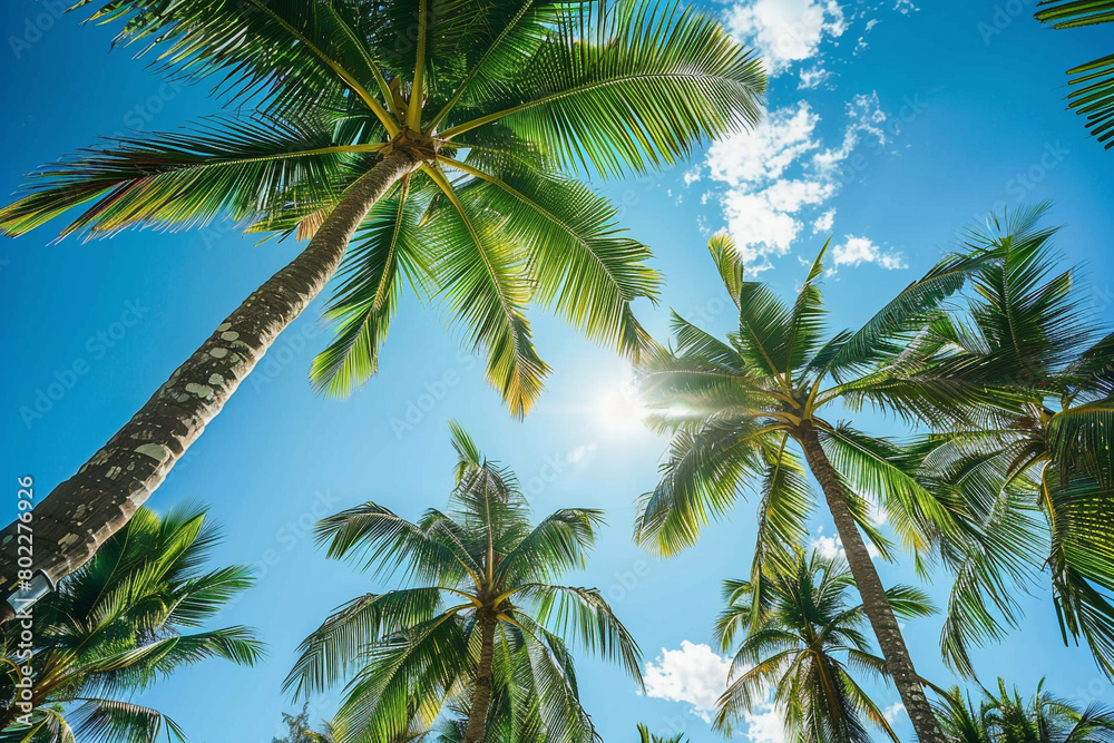 A tropical garden filled with lush coconut trees, their fronds rustling in the gentle breeze under a clear blue sky.