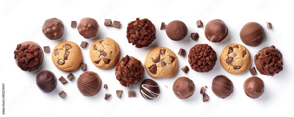 flat lay display of freshly baked cookies and chocolate truffles on a white background. flat lay display of freshly baked cookies and chocolate truffles on a white background.