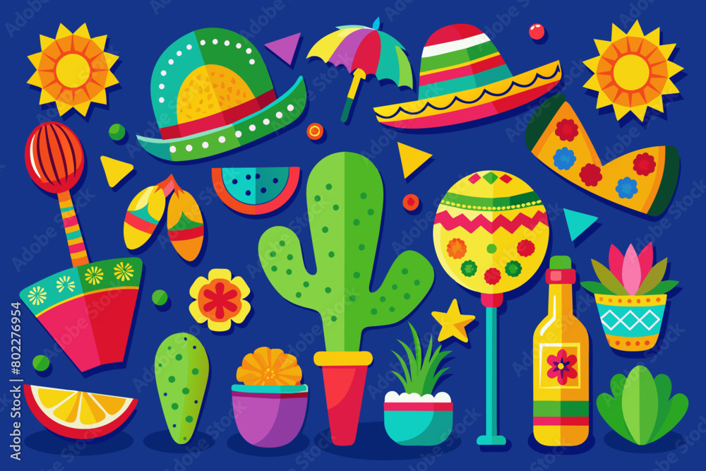A flat vector set of brightly colored icons representing Cinco de Mayo party essentials - maracas, sombreros, cactus, tacos, margaritas, and papel picado flags
