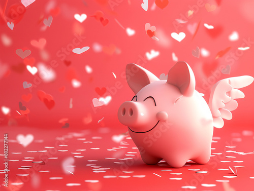 a pink pig with wings and wings on a red background with hearts