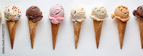 flat lay display of artisanal ice cream cones with various flavors and toppings on a white background.