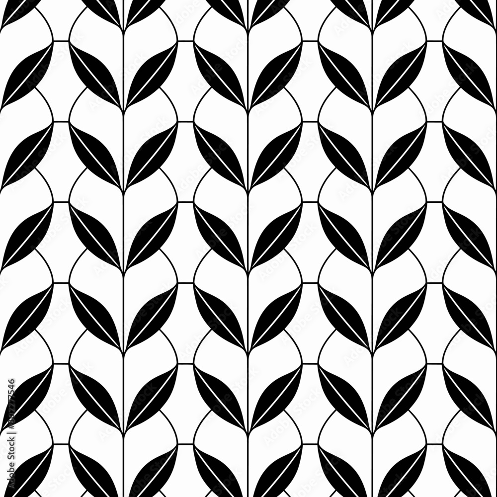 A geometric pattern seamless tile, vector, leaves, black lines and white background A geometric pattern seamless tile, vector, leaves, black lines and white background