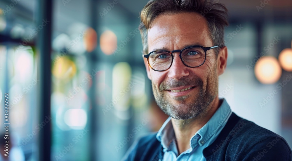 confident and smiling businessman wearing business casual attire standing inside the office of their tech company. confident and smiling businessman wearing business casual attire standing inside the office of their tech company.
