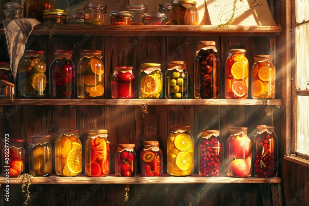 The image shows a pantry full of colorful jars of preserved fruits and vegetables