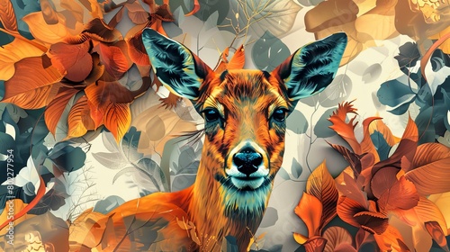 An artistic deer composed of autumn leaves in various shades of orange, surrounded by a surreal forest environment.