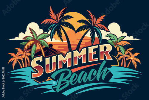A colorful poster of a beach with palm trees and a sunset