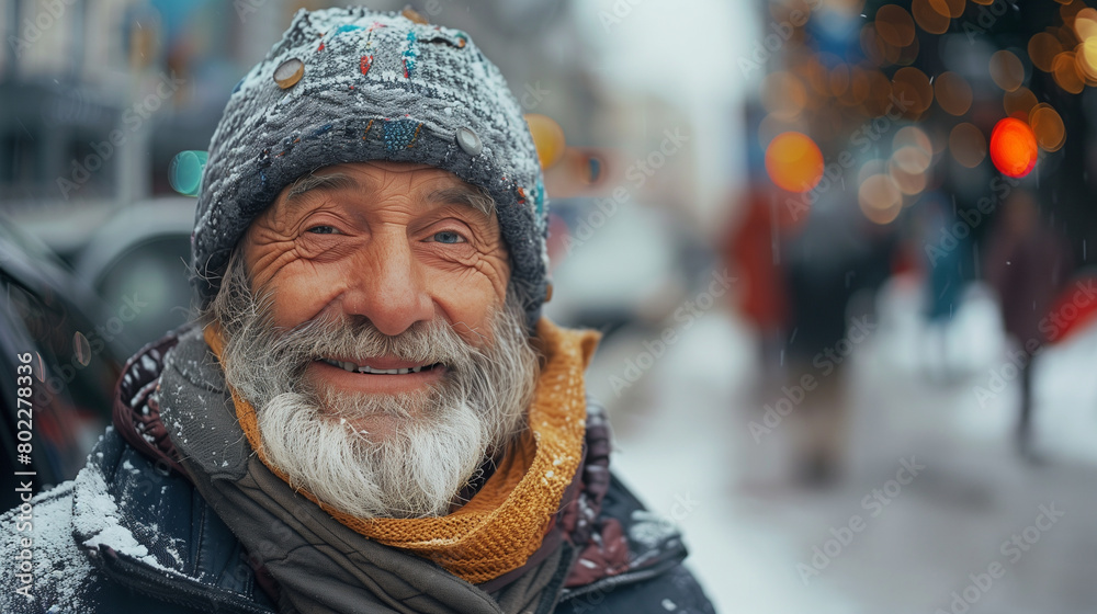 Close-up portrait of a cheerful smile homeless elderly man with a weathered face and twinkling eyes, wearing a warm hat and coat on a city street. Close-up portrait of a cheerful smile homeless elderly man with a weathered face and twinkling eyes, wearing a warm hat and coat on a city street.