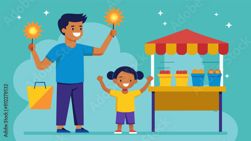 A parent holds up a selection of fireworks for their child to see both of them grinning from ear to ear in front of a festive stand.. Vector illustration