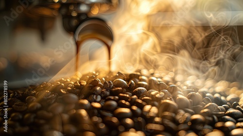 A close-up photograph of a handful of roasted coffee beans, with steam rising from a freshly brewed espresso shot in an espresso machine visible in the soft-focus background