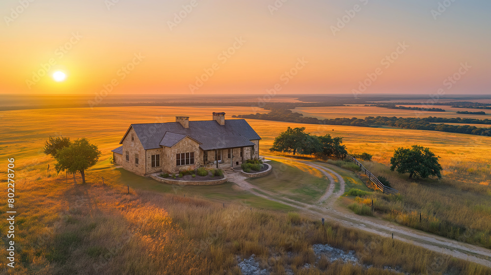 Idyllic Countryside Sunset with Stone House Overlooking Vast Fields Idyllic Countryside Sunset with Stone House Overlooking Vast Fields