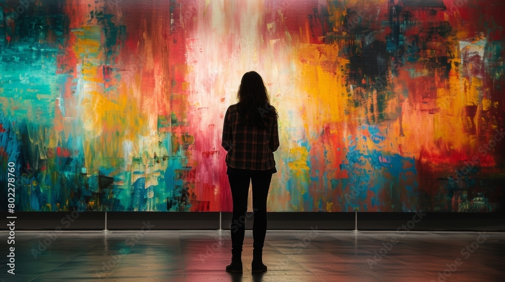 A lone figure pauses in front of a bold colorful painting lost in thought as they take it in. A lone figure pauses in front of a bold colorful painting lost in thought as they take it in.