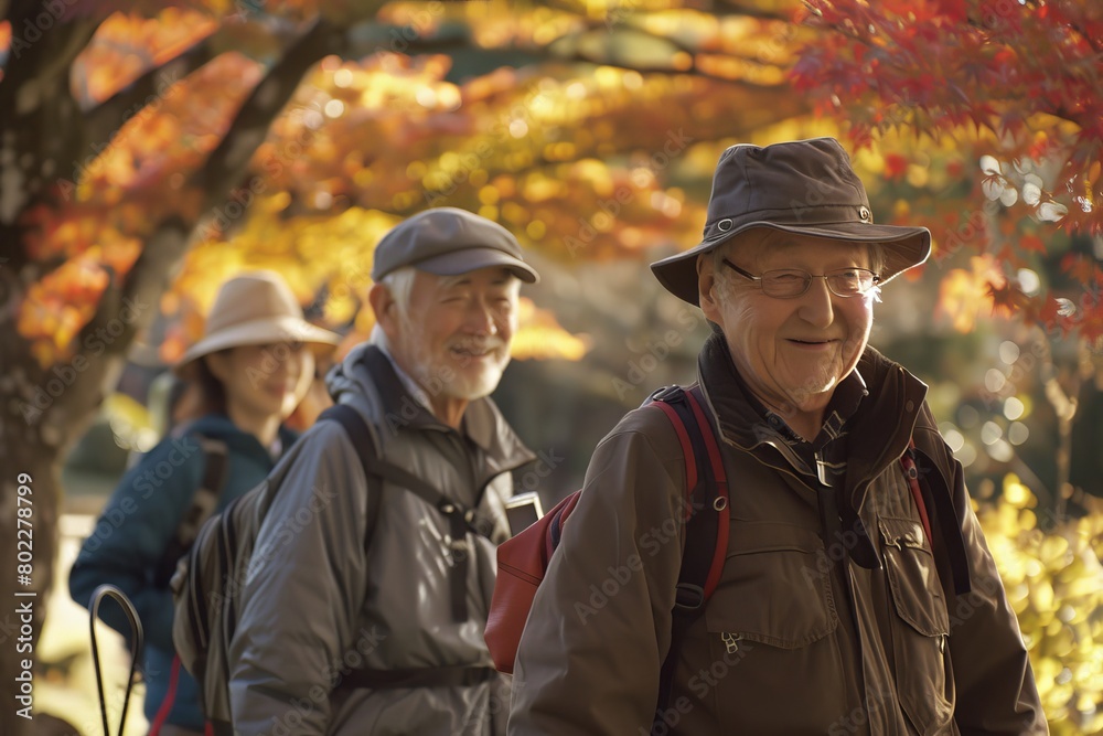 Senior couple walking in autumn park. Retired people spending time together.