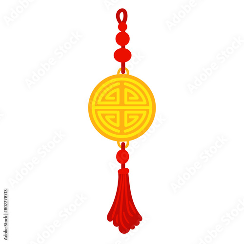 Red threads are tied into Chinese lucky tassels, symbolizing good luck and prosperity. Red threads in the knots with the amulet. For cultural-themed design, materials in the traditional Asian style