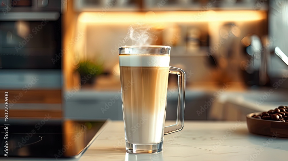 A latte in a tall, transparent glass mug, layers of coffee and milk distinctly visible, steam rising A latte in a tall, transparent glass mug, layers of coffee and milk distinctly visible, steam rising