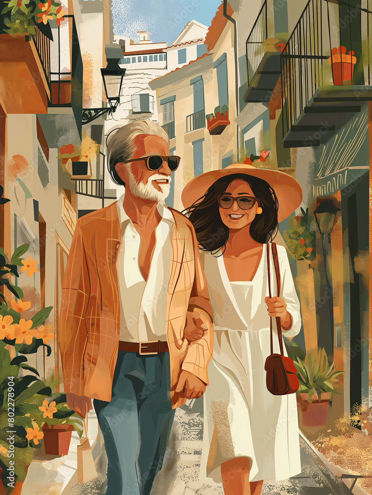 Obraz premium Stylish Senior Couple Enjoying a Romantic Walk in a Quaint Alley