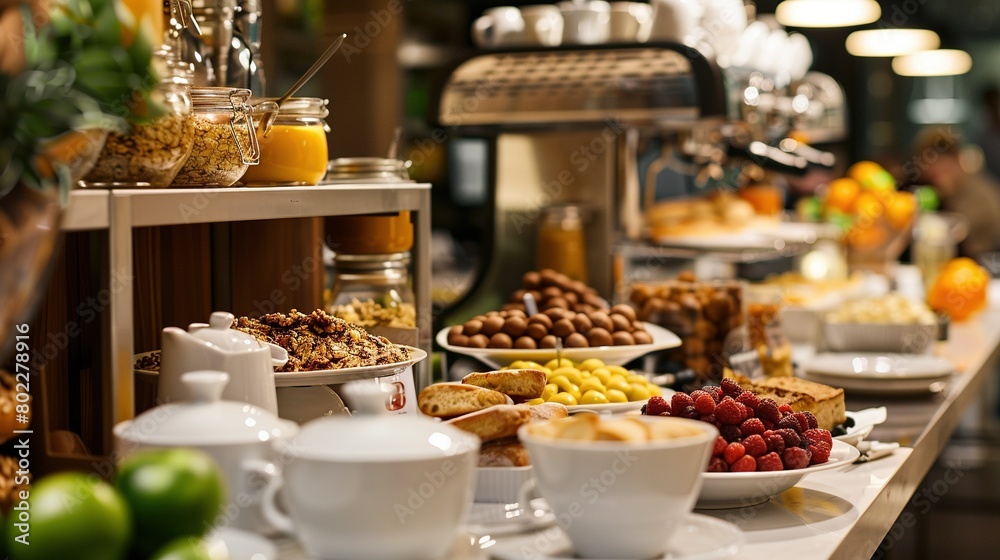 A luxurious hotel breakfast buffet scene, featuring an elegant spread of coffee, assorted bread, fruits, cereals, and hot dishes