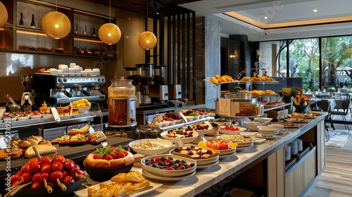 A luxurious hotel breakfast buffet scene, featuring an elegant spread of coffee, assorted bread, fruits, cereals, and hot dishes