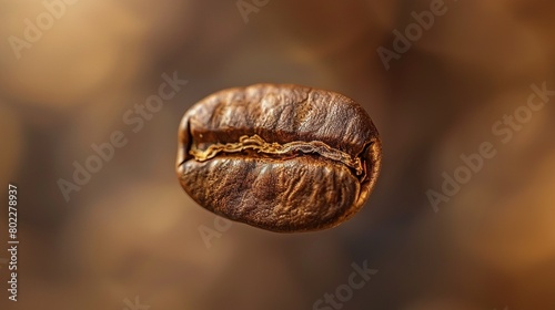 A macro photograph of a single coffee bean, centered and magnified to showcase its detailed texture and deep espresso hue