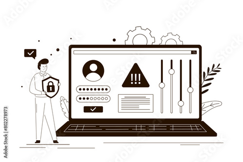 Male user changes the laptop settings, strengthens security of operating system. Updating software, upgrade and installation new program. Concept of system update,