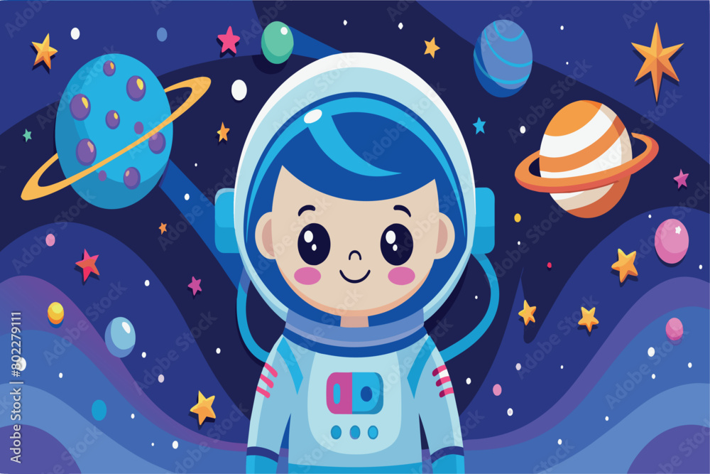 A cartoon of a boy in a space suit with a smile on his face