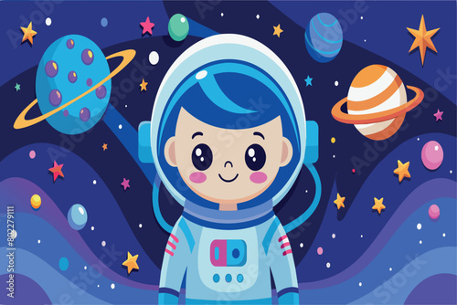 A cartoon of a boy in a space suit with a smile on his face