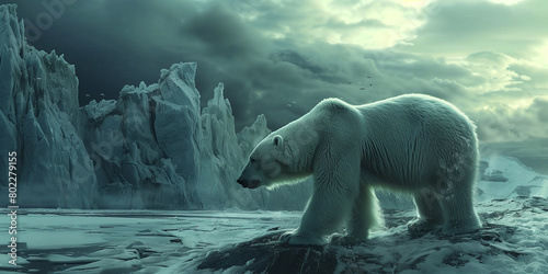A big polar bear wanders across a vast icy landscape with towering snowy mountains and birds in the backdrop.