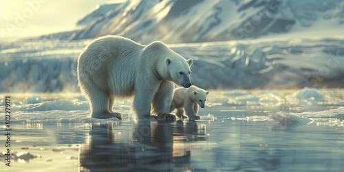A big polar bear mother with her cub standing in a snowy Arctic environment under a muted sun.