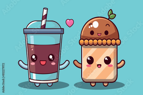 Two cartoon characters are holding a drink and a pastry